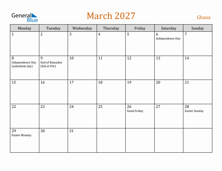 March 2027 Holiday Calendar with Monday Start