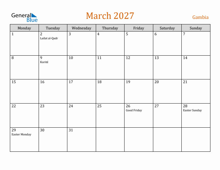 March 2027 Holiday Calendar with Monday Start
