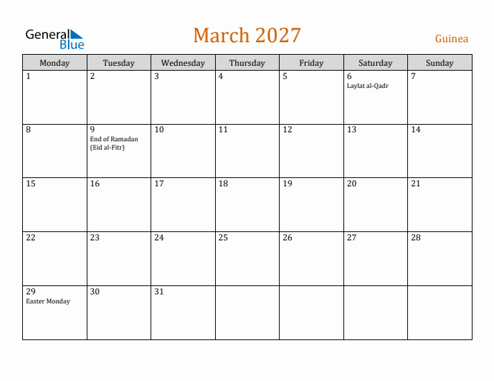 March 2027 Holiday Calendar with Monday Start