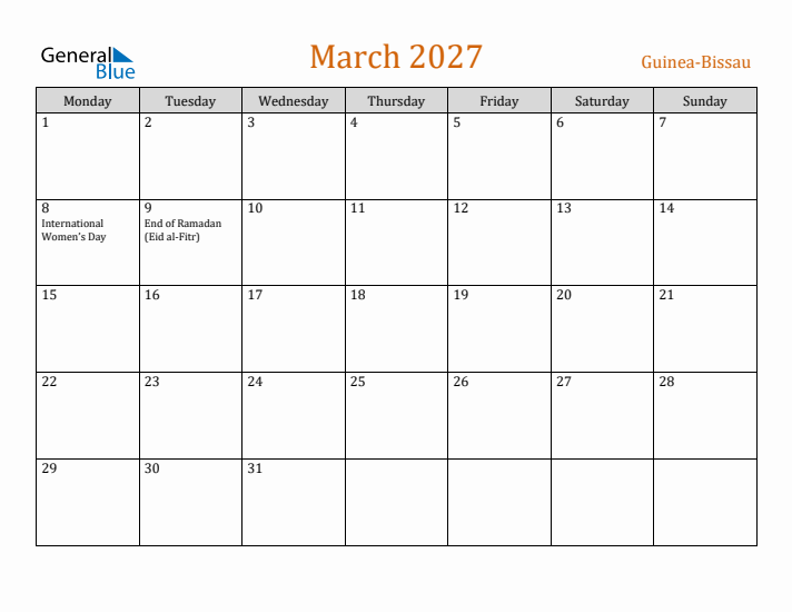 March 2027 Holiday Calendar with Monday Start