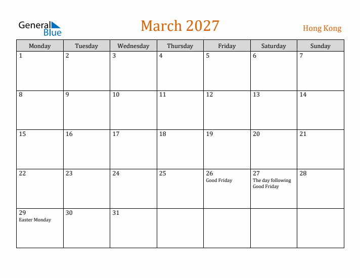 March 2027 Holiday Calendar with Monday Start