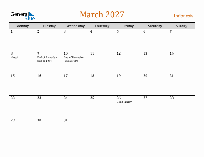 March 2027 Holiday Calendar with Monday Start