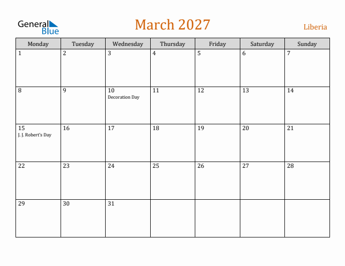 March 2027 Holiday Calendar with Monday Start