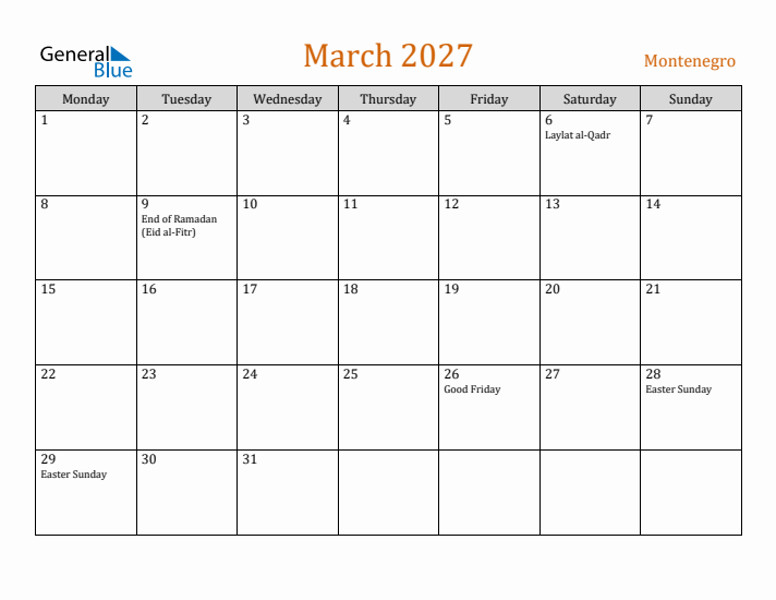March 2027 Holiday Calendar with Monday Start