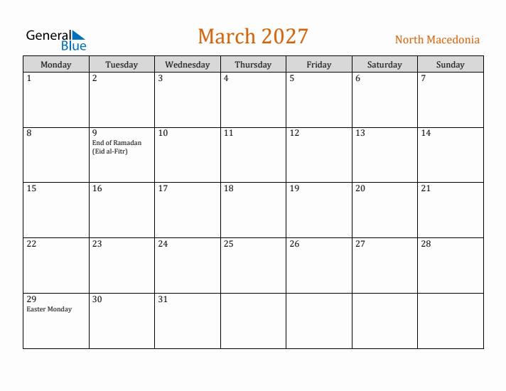 March 2027 Holiday Calendar with Monday Start