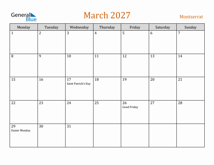 March 2027 Holiday Calendar with Monday Start