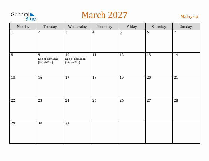 March 2027 Holiday Calendar with Monday Start