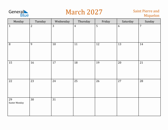 March 2027 Holiday Calendar with Monday Start