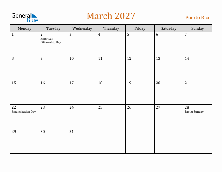 March 2027 Holiday Calendar with Monday Start
