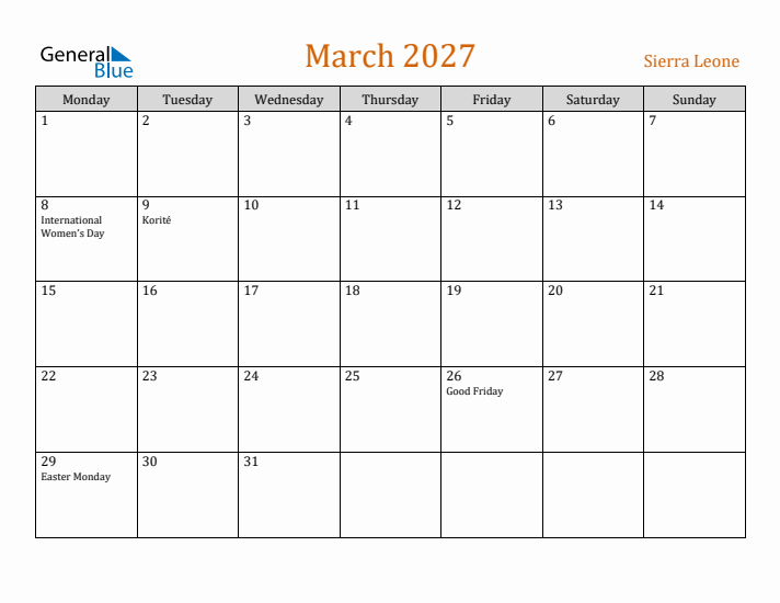 March 2027 Holiday Calendar with Monday Start