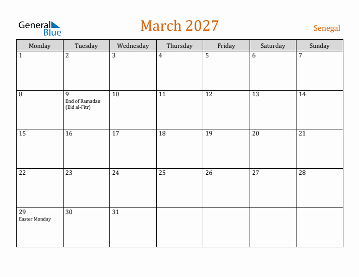 March 2027 Holiday Calendar with Monday Start