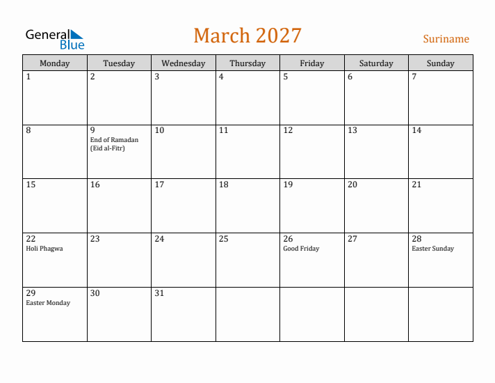 March 2027 Holiday Calendar with Monday Start