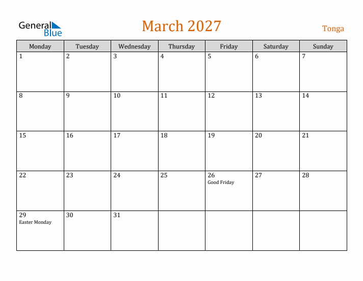 March 2027 Holiday Calendar with Monday Start
