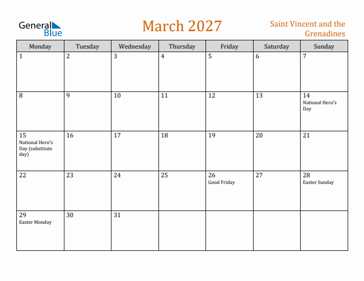 March 2027 Holiday Calendar with Monday Start