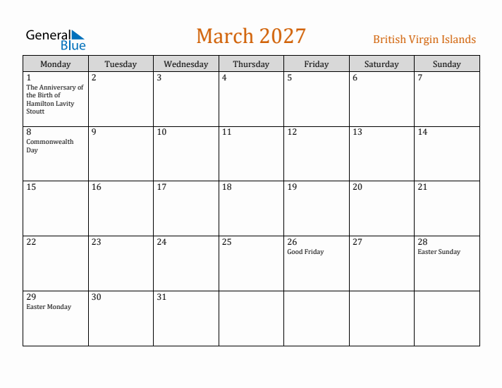 March 2027 Holiday Calendar with Monday Start