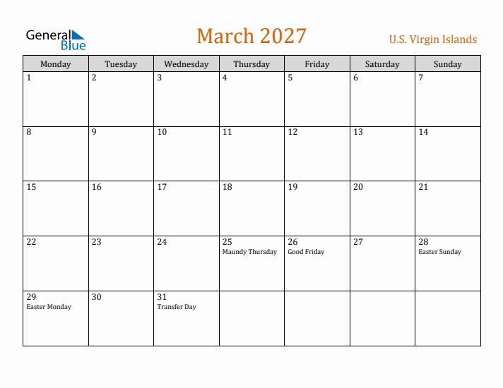 March 2027 Holiday Calendar with Monday Start
