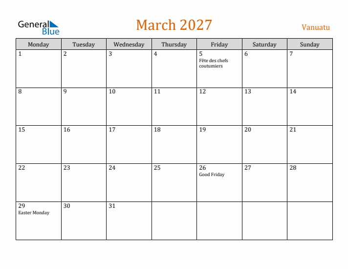 March 2027 Holiday Calendar with Monday Start