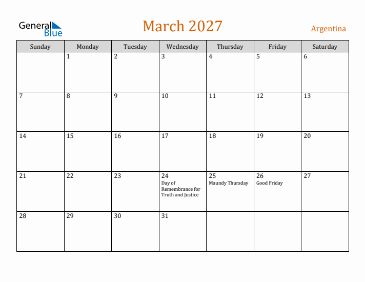 March 2027 Holiday Calendar with Sunday Start