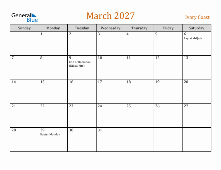 March 2027 Holiday Calendar with Sunday Start