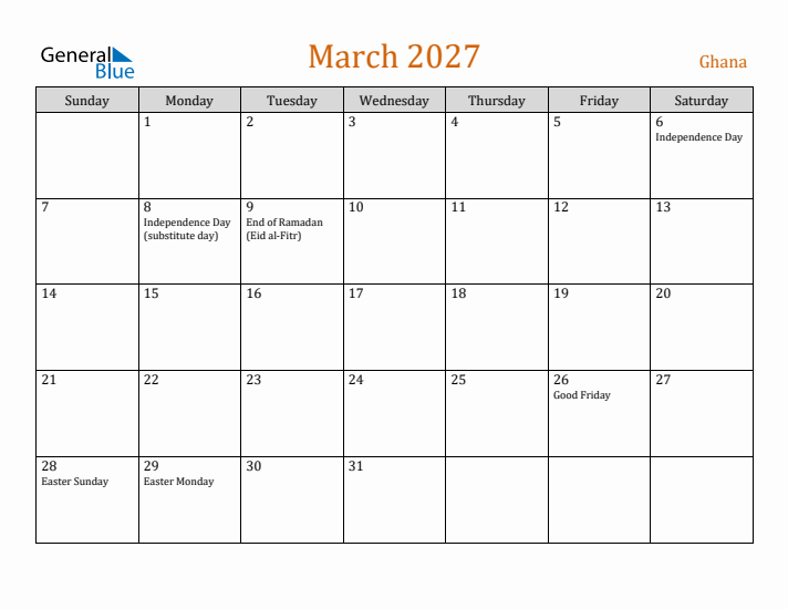 March 2027 Holiday Calendar with Sunday Start