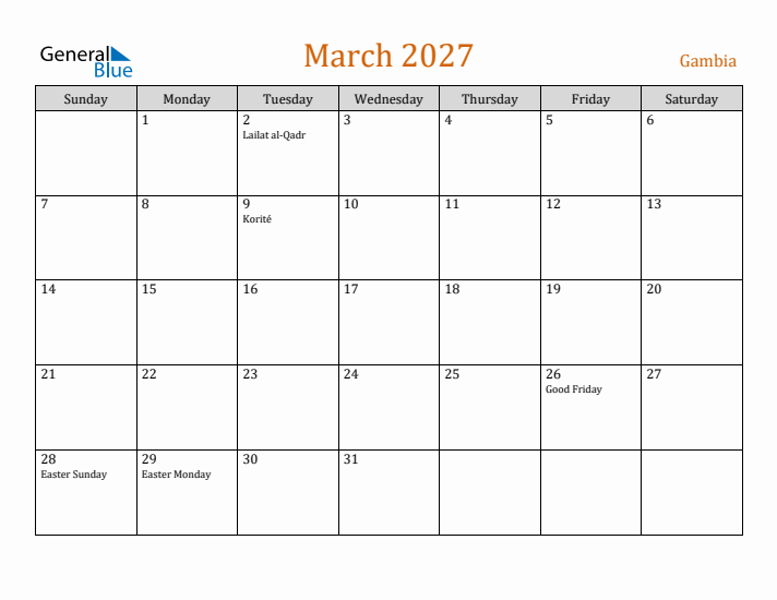 March 2027 Holiday Calendar with Sunday Start