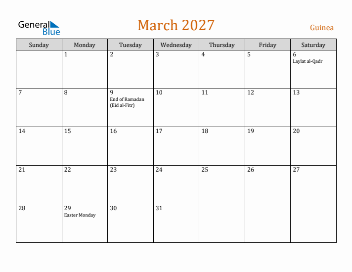 March 2027 Holiday Calendar with Sunday Start