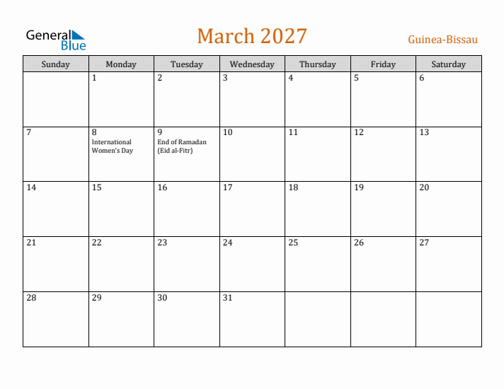 March 2027 Holiday Calendar with Sunday Start