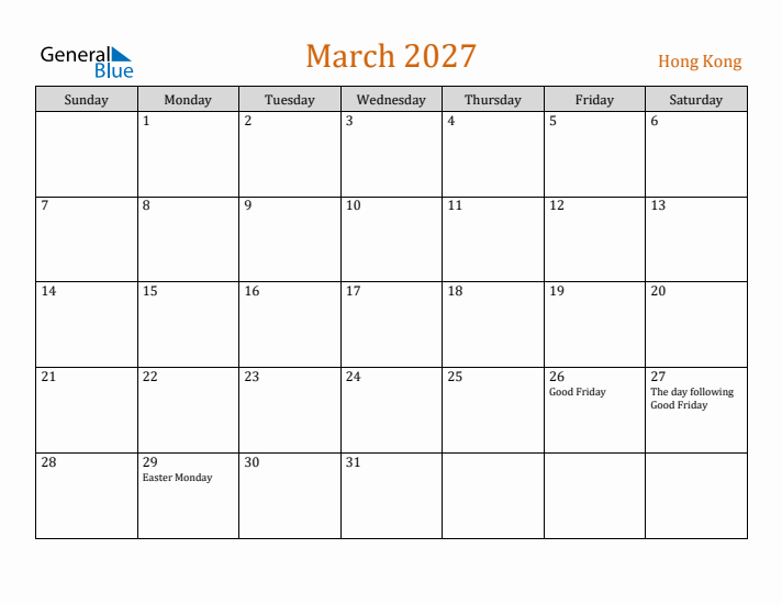 March 2027 Holiday Calendar with Sunday Start
