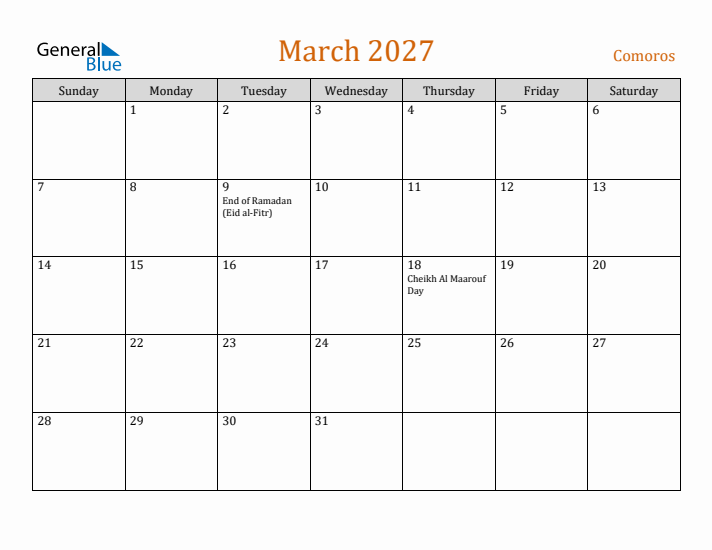 March 2027 Holiday Calendar with Sunday Start