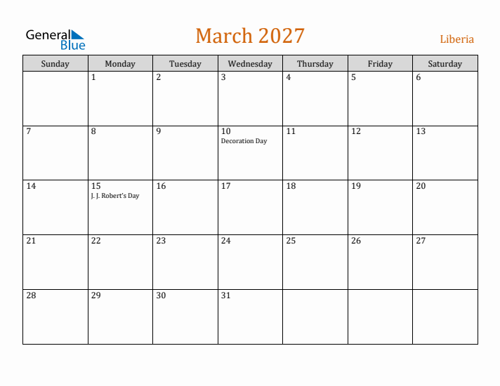 March 2027 Holiday Calendar with Sunday Start