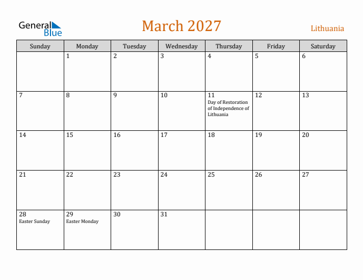 March 2027 Holiday Calendar with Sunday Start