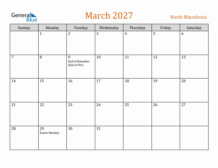March 2027 Holiday Calendar with Sunday Start