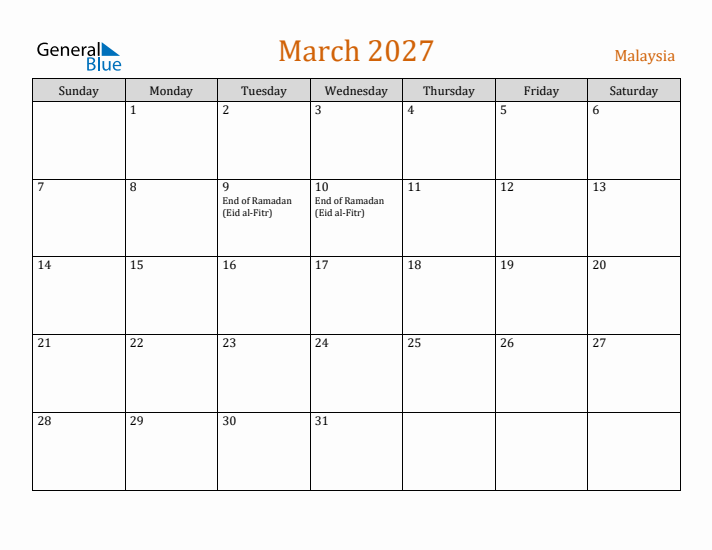 March 2027 Holiday Calendar with Sunday Start