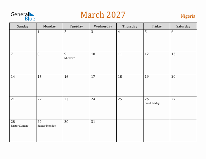 March 2027 Holiday Calendar with Sunday Start