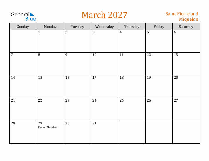March 2027 Holiday Calendar with Sunday Start