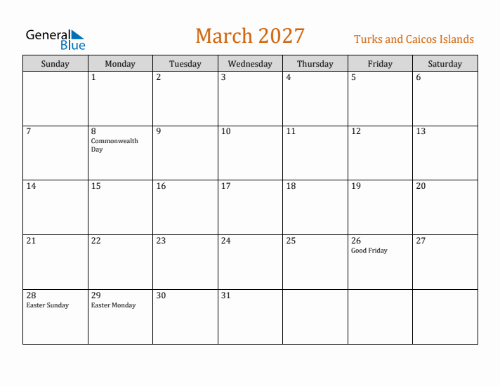 March 2027 Holiday Calendar with Sunday Start