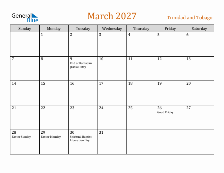 March 2027 Holiday Calendar with Sunday Start