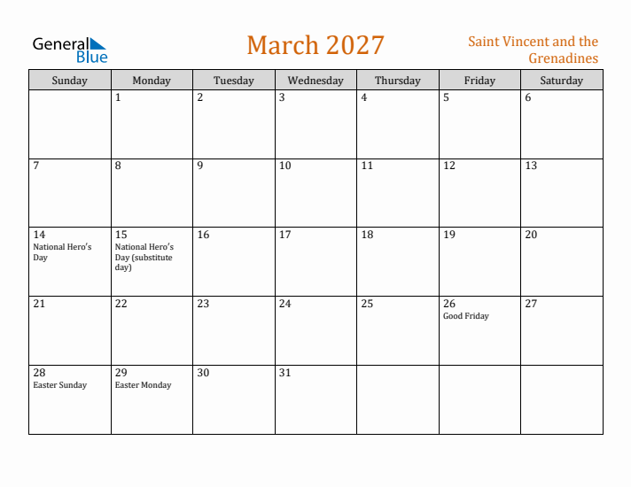 March 2027 Holiday Calendar with Sunday Start