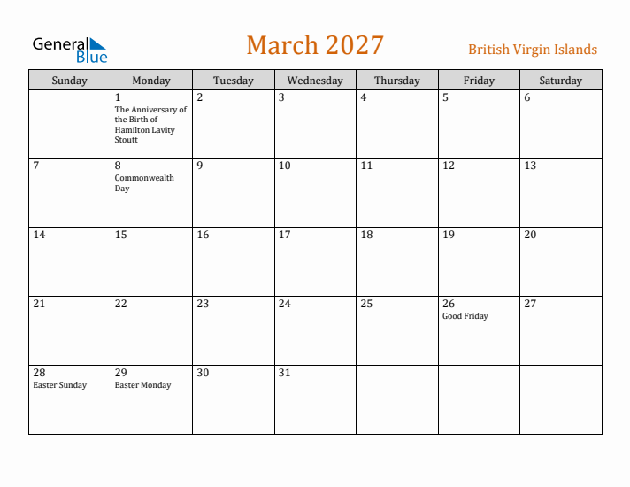 March 2027 Holiday Calendar with Sunday Start