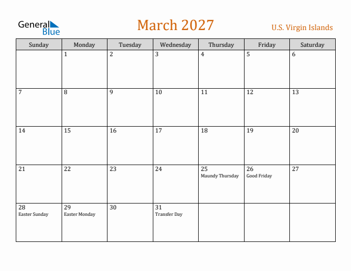 March 2027 Holiday Calendar with Sunday Start