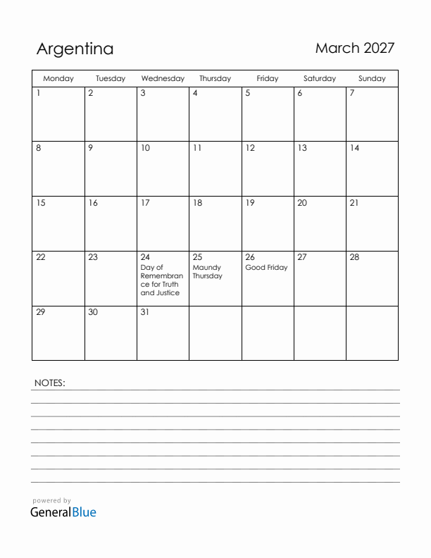 March 2027 Argentina Calendar with Holidays (Monday Start)