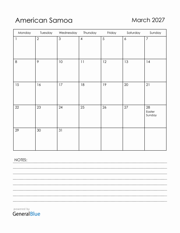 March 2027 American Samoa Calendar with Holidays (Monday Start)