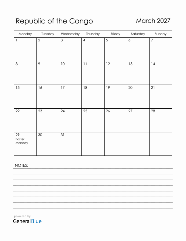 March 2027 Republic of the Congo Calendar with Holidays (Monday Start)