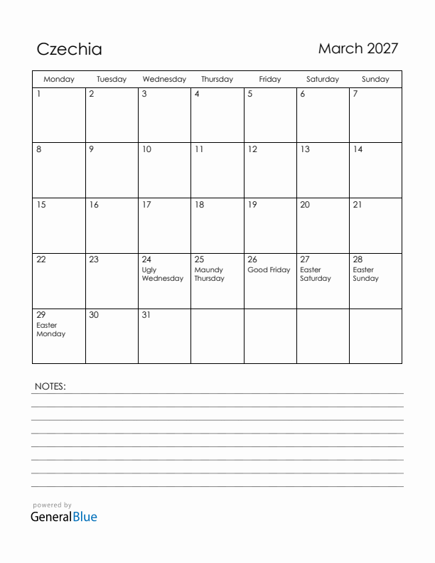 March 2027 Czechia Calendar with Holidays (Monday Start)
