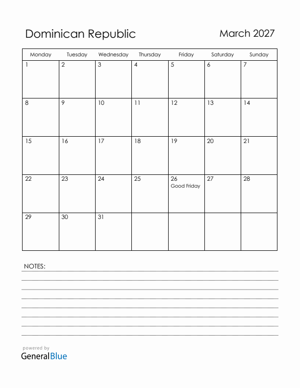 March 2027 Dominican Republic Calendar with Holidays (Monday Start)