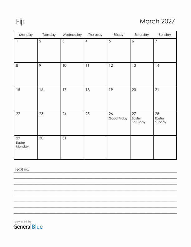 March 2027 Fiji Calendar with Holidays (Monday Start)