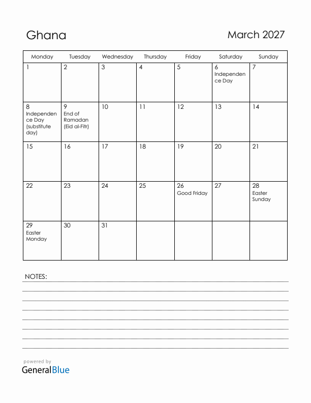 March 2027 Ghana Calendar with Holidays (Monday Start)