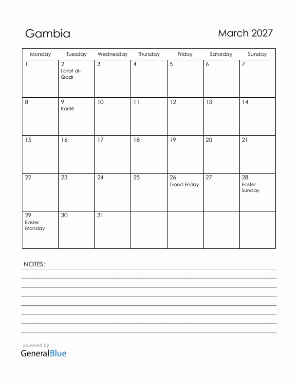 March 2027 Gambia Calendar with Holidays (Monday Start)