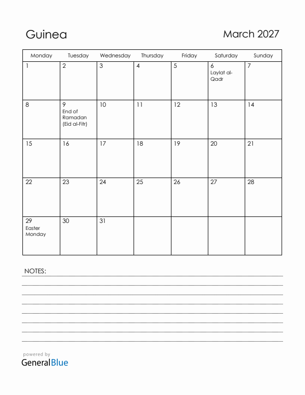 March 2027 Guinea Calendar with Holidays (Monday Start)
