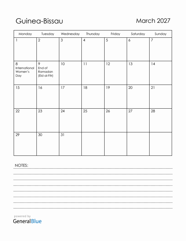 March 2027 Guinea-Bissau Calendar with Holidays (Monday Start)